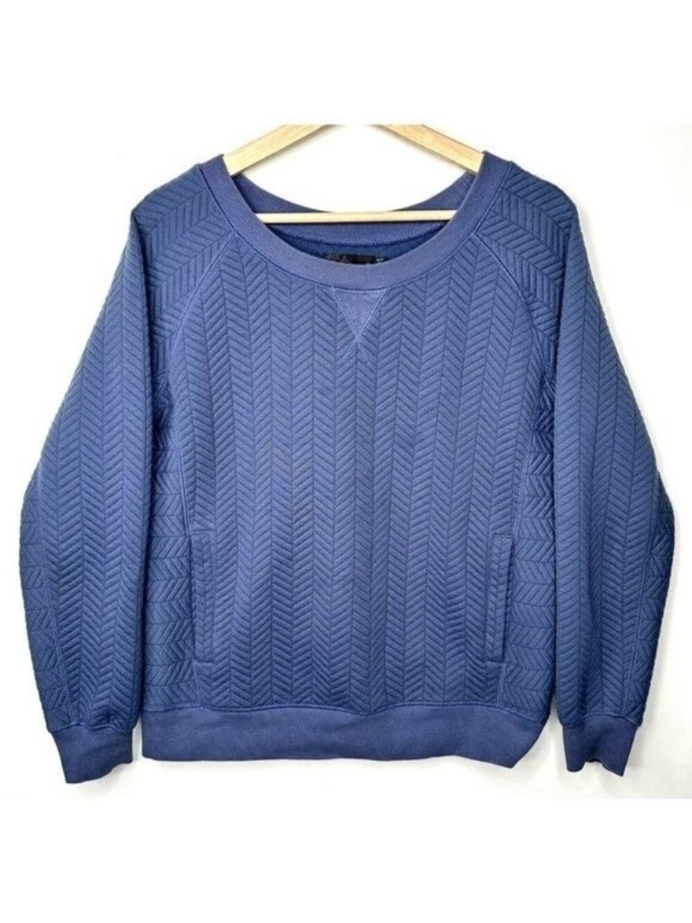 prAna Quilted Herringbone Sweatshirt Womens Small Blue Crewneck Raglan Outdoor